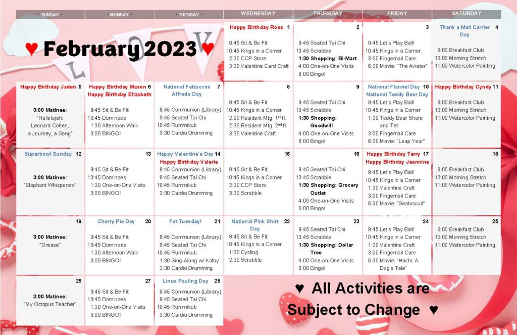 Activities and Enrichment Calendar Corvallis Caring Place